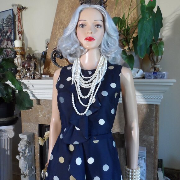 Kate Spade Navy Blue Multi Polka Dot Belted A Line Dress w/Front Ruffle Size 0 - Picture 6 of 16
